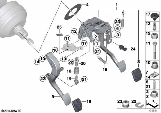 Complete pedal set for BMW F20N, F21N, F22, F22N, F23, F23N, F30, F30N, F31, F31N, F34, F34N, F35N, F32, F32N, F33, F33N, F36, F36N (OEM 35006876793). Original BMW