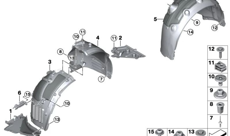 Cubierta interior paso de rueda delantera derecha OEM 51719621236 para BMW G60 y G61. Pieza original BMW.