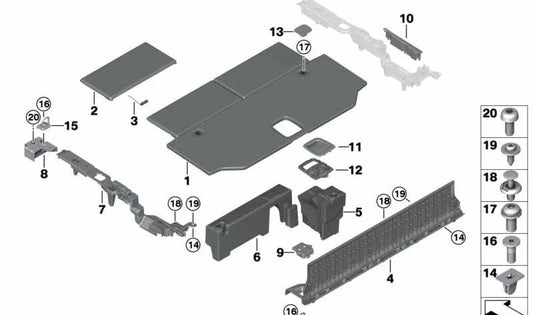 Soporte izquierdo del larguero para tercera fila de asientos OEM 51477483391 para BMW G05 X5 xDrive25d, xDrive30d, xDrive40i, 40d, M50i. Original BMW.