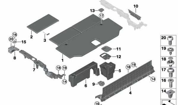 Soporte izquierdo del larguero para tercera fila de asientos OEM 51477483391 para BMW G05 X5 xDrive25d, xDrive30d, xDrive40i, 40d, M50i. Original BMW.