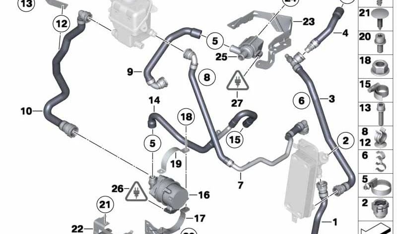 Manguera de refrigerante OEM 17127596051 para BMW F04 Hybrid 7 (modelos KX61 y KX81) del 2010 al 2012. Original BMW.