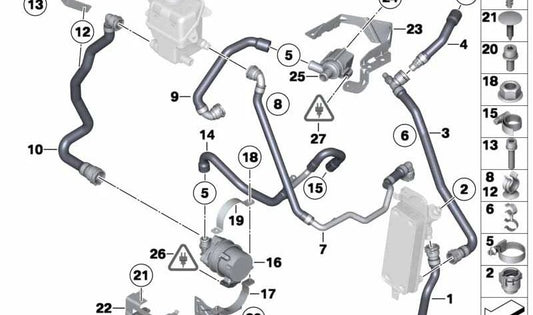Manguera de refrigerante OEM 17127596051 para BMW F04 Hybrid 7 (modelos KX61 y KX81) del 2010 al 2012. Original BMW.