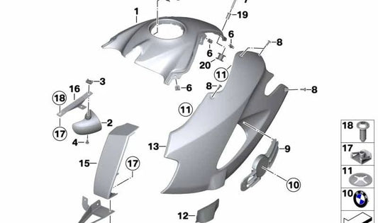 Cubierta central del depósito OEM 46637689007 para BMW Motorrad HP2 Enduro RK25 (producción 07/2005 - 09/2007). Repuesto original BMW Motorrad.