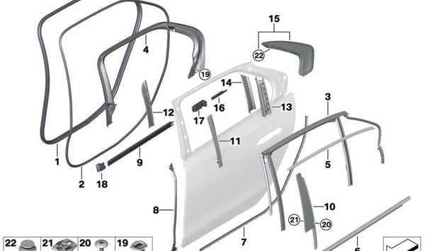 Embellecedor guía de ventana interior derecha OEM 51355A2F9E4 para BMW E12, G70. Original BMW.