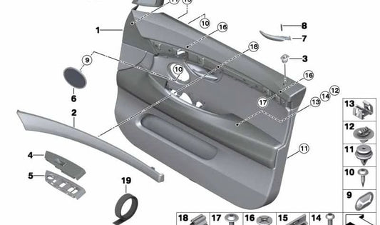 Rejilla altavoz puerta delantera OEM 51417322962 para BMW F10, F11, F18, F07, F07520d, 528i, 530d y más. Pieza original BMW, color negro. Ideal para reemplazo en panel interior de puerta.