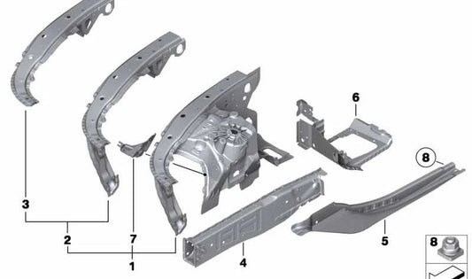 Soporte delantero derecho del paso de rueda OEM 41107204052 para BMW F07, F07N, F01, F01N, F02, F02N, F04. Original BMW.