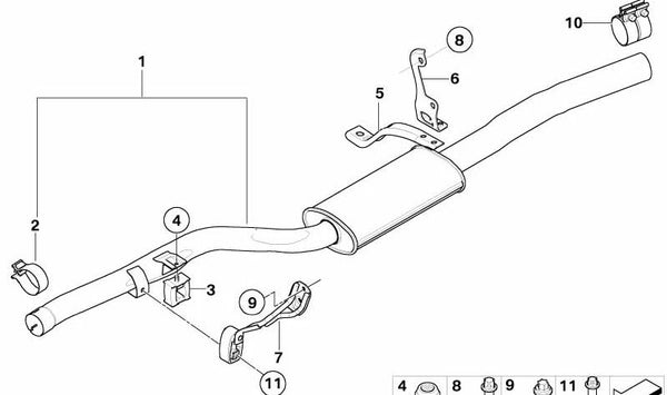 Silenciador intermedio (Mittelschalldämpfer) OEM 18307798072 para BMW E60, E61. Original BMW.