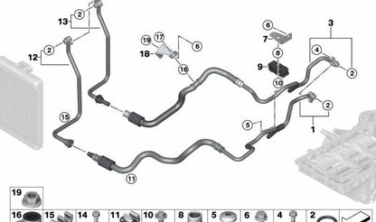 Tubería de aceite del radiador (ida) OEM 17227576393 para BMW E70, E70N, E71. Original BMW.