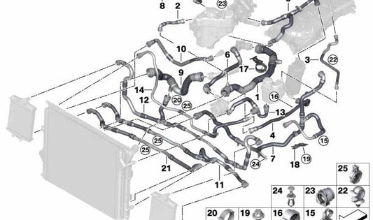 Manguera del intercambiador de calor OEM 17128650841 para BMW F30, F31, F34 (Serie 3). Original BMW.