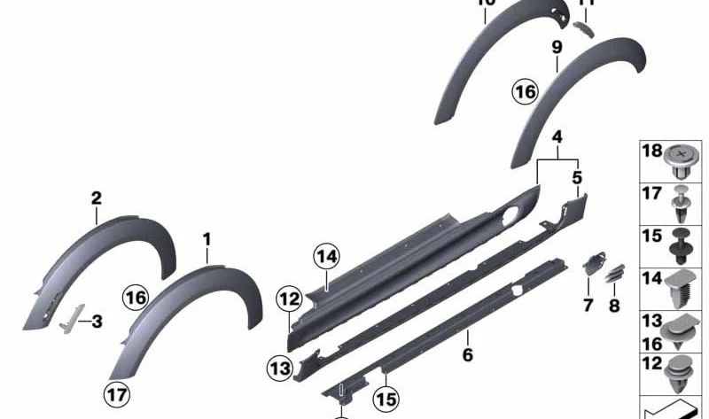Extensão do painel lateral traseiro direito OEM 51777157106 para MINI R56, R56 LCI, R57, R57 LCI, R58, R59... e muito mais. MINI originais.