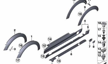 Extensão do painel lateral traseiro direito OEM 51777157106 para MINI R56, R56 LCI, R57, R57 LCI, R58, R59... e muito mais. MINI originais.