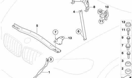 Refuerzo delantero derecho OEM 51617050210 para BMW X6 E72 Hybrid (FH03, FH21). Compatible con modelos fabricados entre 2009 y 2011. Original BMW.