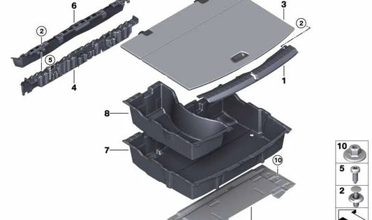 Soporte inferior maletero OEM 51477327906 para BMW F45, F46. Pieza original para fijar el suelo del maletero. Compatible solo con estos modelos. Original BMW.