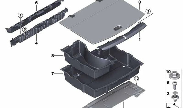 Fondo maletero original OEM 51477298610 para BMW Serie 2 F45. Repuesto original BMW, ideal para sustituir o renovar el suelo del maletero.