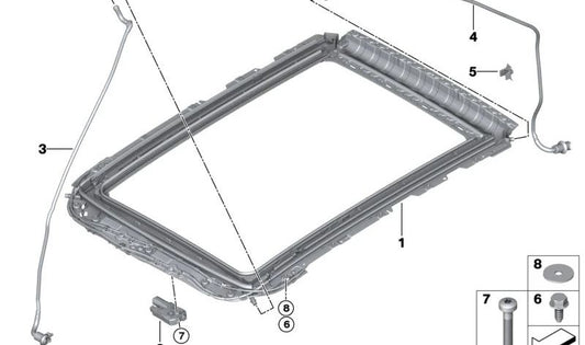 Tubo desagüe delantero OEM 41007412114 para BMW X5 (F95, G05, G18, G18N), X6 (F96, G06) y X7 (G07, G07N) con techo panorámico eléctrico. Original BMW.