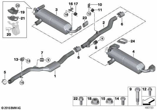 Silenziatore posteriore con valvola di scarico per la BMW 5 G30 serie (OEM 18308658507). BMW originale.