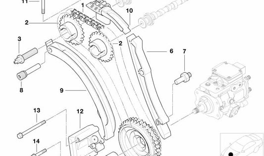Guía tensora cadena distribución OEM 11312246809 para BMW E46 y E39. Pieza original BMW.