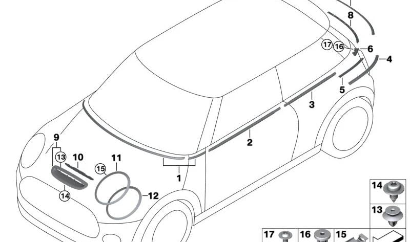 Moldura embellecedora lateral trasera izquierda OEM 51355A3B955 para MINI F55 (Cooper, Cooper D, Cooper S, Cooper SD, One). Original MINI.