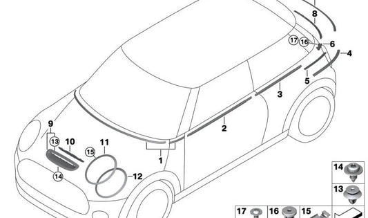 Cubierta del hueco puerta delantera izquierda OEM 51337322513 para MINI F55, F55 LCI. Original MINI.