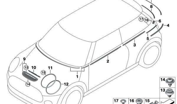 Cubierta del hueco puerta delantera izquierda OEM 51337322513 para MINI F55, F55 LCI. Original MINI.