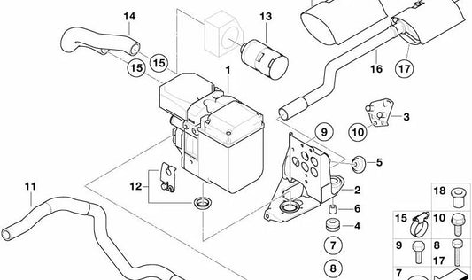 Tubo de escape / Silenciador OEM 64128379874 para BMW Serie 7 E65, E66 (730d, 730i, 735i, 740i, 740d) con motores M54, N52, N62, M57, M67. Original BMW.