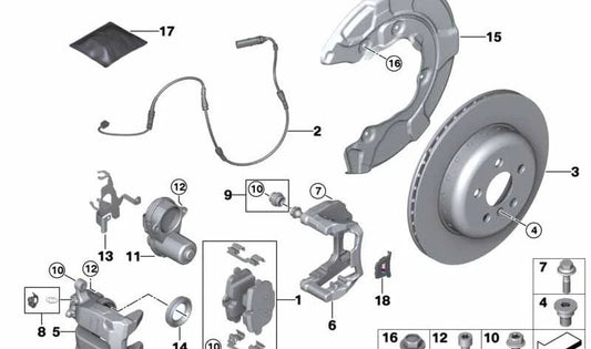 Kit de reparación guía de cable derecha OEM 34216887396 para BMW G01, F97, G02, F98, G05, F95, G06, F96, G07, I20, G08, G18. Compatible con freno trasero. Original BMW.