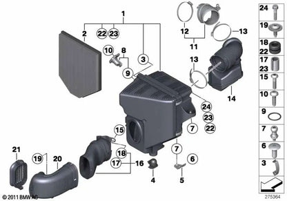 Medidor de masa de aire de película caliente para BMW E82, E88, E90N, E91N, E92N, E93N, F07, F10, F11, F18, F06, F12, F13, F01, F02, E84, F25, F26, E70N, F15, E71, F16 (OEM 13627593624). Original BMW.