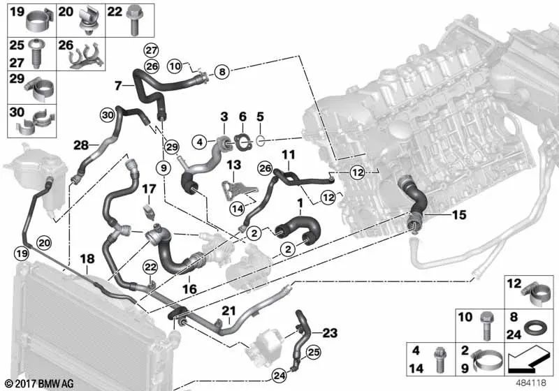 Mangueira do radiador inferior-termostato para BMW E81, E82, E87N, E88, E90, E90N, E91, E91N, E92, E92N, E93, E93N, E84, E89 (OEM 17127564478). BMW original