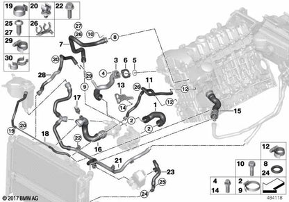 Mangueira do radiador inferior-termostato para BMW E81, E82, E87N, E88, E90, E90N, E91, E91N, E92, E92N, E93, E93N, E84, E89 (OEM 17127564478). BMW original