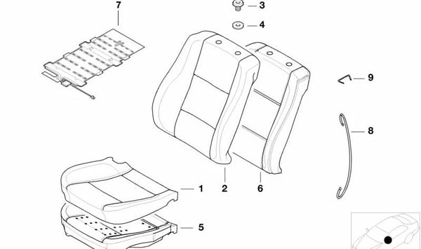 Funda de respaldo de asiento en tela OEM 52107051733 para BMW Serie 5 E39 (1995-2003). Original BMW.