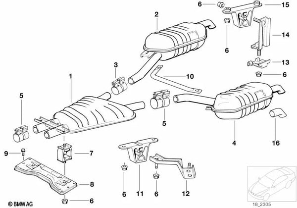 Pieza terminal sistema de escape trasero OEM 18101440059 para BMW Serie 7 E38 730i, 735i, 730iL... y más. Original BMW.