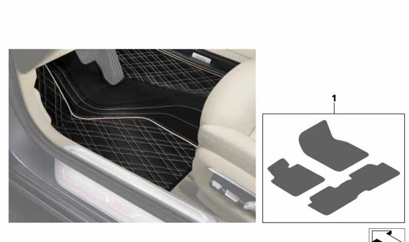 Tappeti esclusivi OEM 51472451765 in nero/beige per BMW G11, G12. Eleganza e adattamento perfetto. BMW originale.