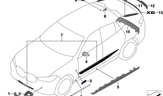 Spoiler frontal de carbono esquerdo para BMW X6 G06N (OEM 51115B31505). BMW original