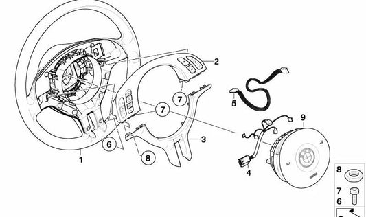 Tapa embellecedora volante muschelahorn OEM 32306760151 para BMW E39 520d, 520i. Compatible con versiones con volante deportivo multifunción. Original BMW.