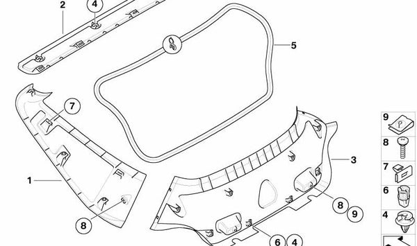 Guarnecido interior portón trasero superior OEM 51473421583 para BMW Z4 E86. Pieza original BMW.