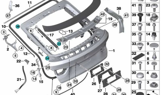 Junta de maletero OEM 51767398238 para BMW Serie 4 F36 (418d con motor N47T o B47U, manual o automático, tracción trasera). Modelos fabricados entre 03/2014 y 12/2020. Original BMW.