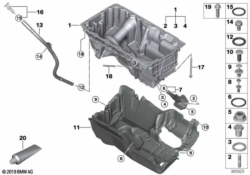 BMW Baste de óleo 1 F20N Series, F21N, Série 2 F22, Série 3 F30N, F31N, F34, 4 F32 Série, F36, X3 F25, X4 F26, X5 F15 (OEM 11438513869). BMW original