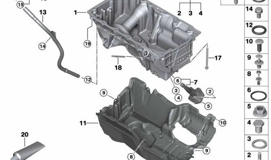 Cárter de aceite OEM 11138513662 para BMW Serie 1 F20N, F21N; Serie 2 F22, F22N; Serie 3 F30N, F31N, F34, F34N; Serie 4 F32, F32N, F36, F36N; X3 F25; X4 F26. Original BMW.