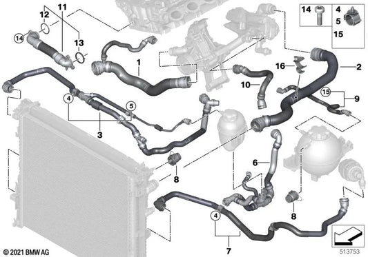 Thermal Management Module Hose for BMW X3 G01N, X4 G02N, X5 G05, G18 (OEM 17128742649). Original BMW.