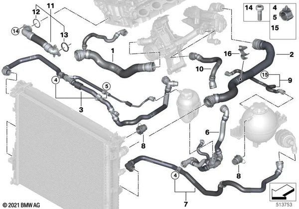 Manguera del Radiador de Refrigerante para BMW X3 G01N, X4 G02N (OEM 17129845510). Original BMW