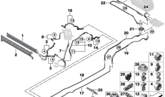 Soporte para manguera OEM 17123417852 para BMW F20, F21, F22, F23, F30, F31, F34, G20, G21, F32, F33, F36, F90, G30, G31, G32, F04, G11, G12, F91, F92, F93, G14, G15, G16, E83, G01, F97, G02, F98, E70, F15, G05, E71, F16, G06, G07, G29. Original BMW.