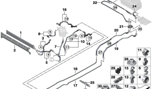 Tubo de retorno refrigerante OEM 17128473764 para BMW U06 (220i, 223i, 223d xDrive) y BMW U11 (X1 20i). Original BMW.