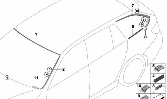 Junta sellado ventanilla trasera derecha OEM 51377336792 para BMW F31, F31N. Recambio original BMW.