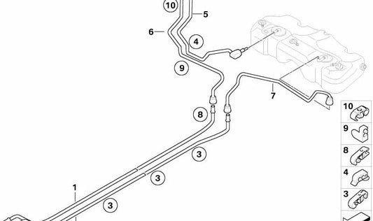 Tubo de retorno de combustible trasero OEM 16126763630 para MINI R50 One (2003-2006). Compatible con modelos con cambio manual y tracción delantera. Recambio original MINI.