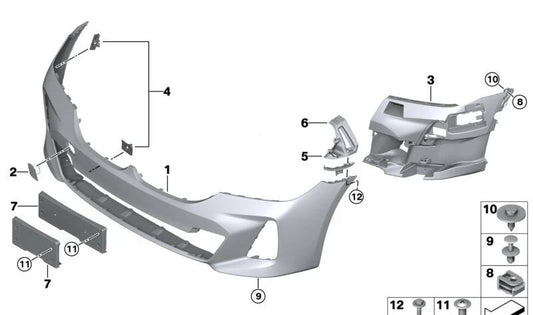 Paragolpes delantero imprimado con sensores PDC/PMA OEM 51119852213 para BMW G32: 620d, 620d xDrive, 630d, 630d xDrive, 630i, 630i xDrive. Original BMW.