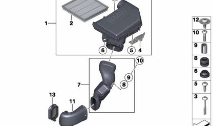 Soporte Amortiguador de Ruido de Admisión para BMW Serie 5 F07, F10, F11, F18, Serie 6 F06, F12, F13, Serie 7 F01N, F02N, X3 F25, X4 F26, X5 E70N, F15, X6 E71, F16 (OEM 12527574100). Original BMW