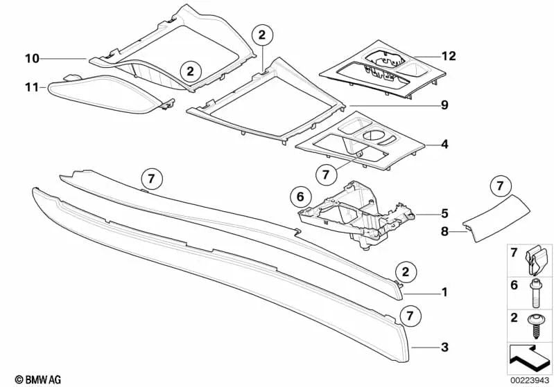 Left Center Console Aluminum Decorative Trim For BMW X5 E70, E70N, X6 E71, E72 (OEM 51166969533). Original BMW