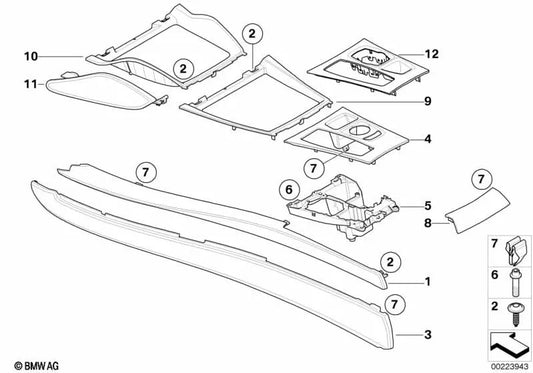 Barra de madeira para o console central para BMW X5 E70, E70N, X6 E71, E72 (OEM 51166969536). BMW original.