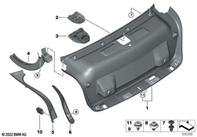 Giochi a sinistra posteriore per BMW G20, G20N, G28, G28N, G80, G80N (OEM 51497430623). BMW originale.