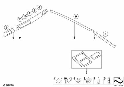 Listón decorativo del panel de instrumentos de cuero derecho para BMW Serie 3 E90, E90N, E92, E92N, E93, E93N (OEM 51458036706). Original BMW